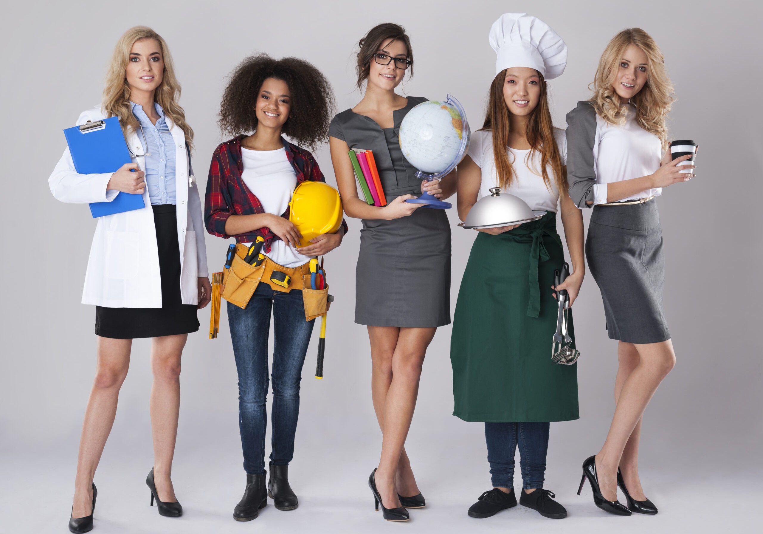 "Group of professional women dressed in various uniforms, symbolizing reliable permanent helpers such as maids, office assistants, security personnel, and tutors provided for homes and workplaces."